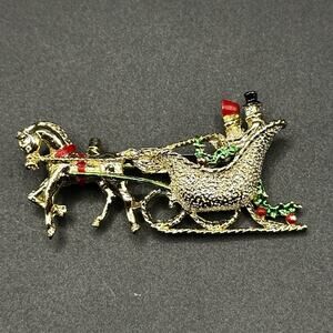 Vintage Gerry’s Gold Tone Enamel Sleigh Brooch Pin Horse Drawn